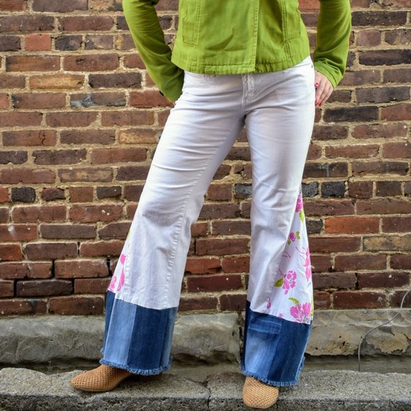White Denim Bell Bottoms - Pink Floral Pants - Picture 1 of 8